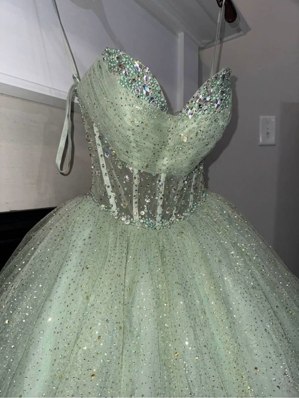 Sparkling Mint Ball Gown Dress with Embellished Bodice